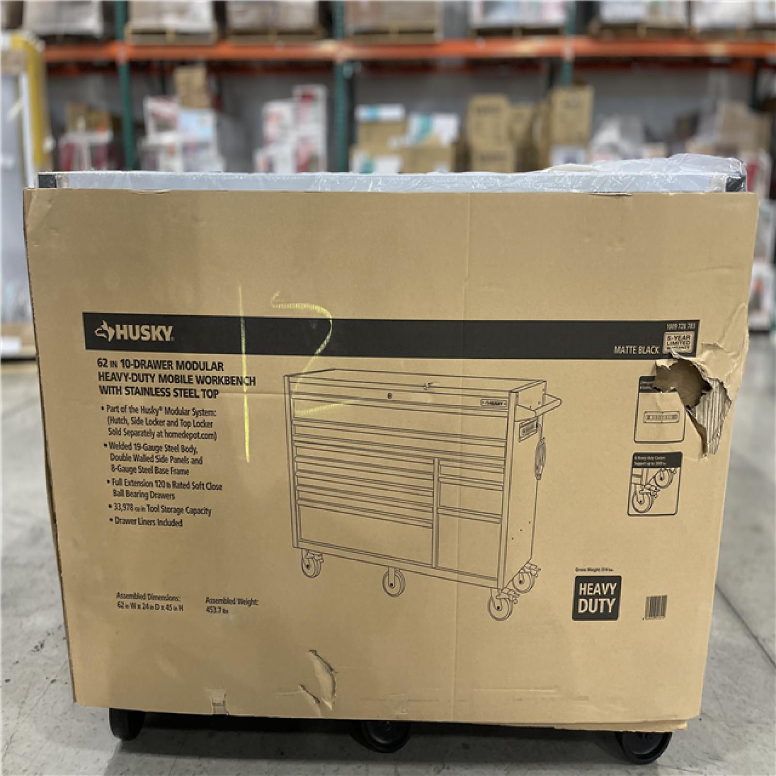 DALLAS LOCATION -Husky Modular Tool Storage 62 in. W X 24 in. D Heavy Duty Matte Black Mobile Workbench Cabinet with Stainless Steel Top