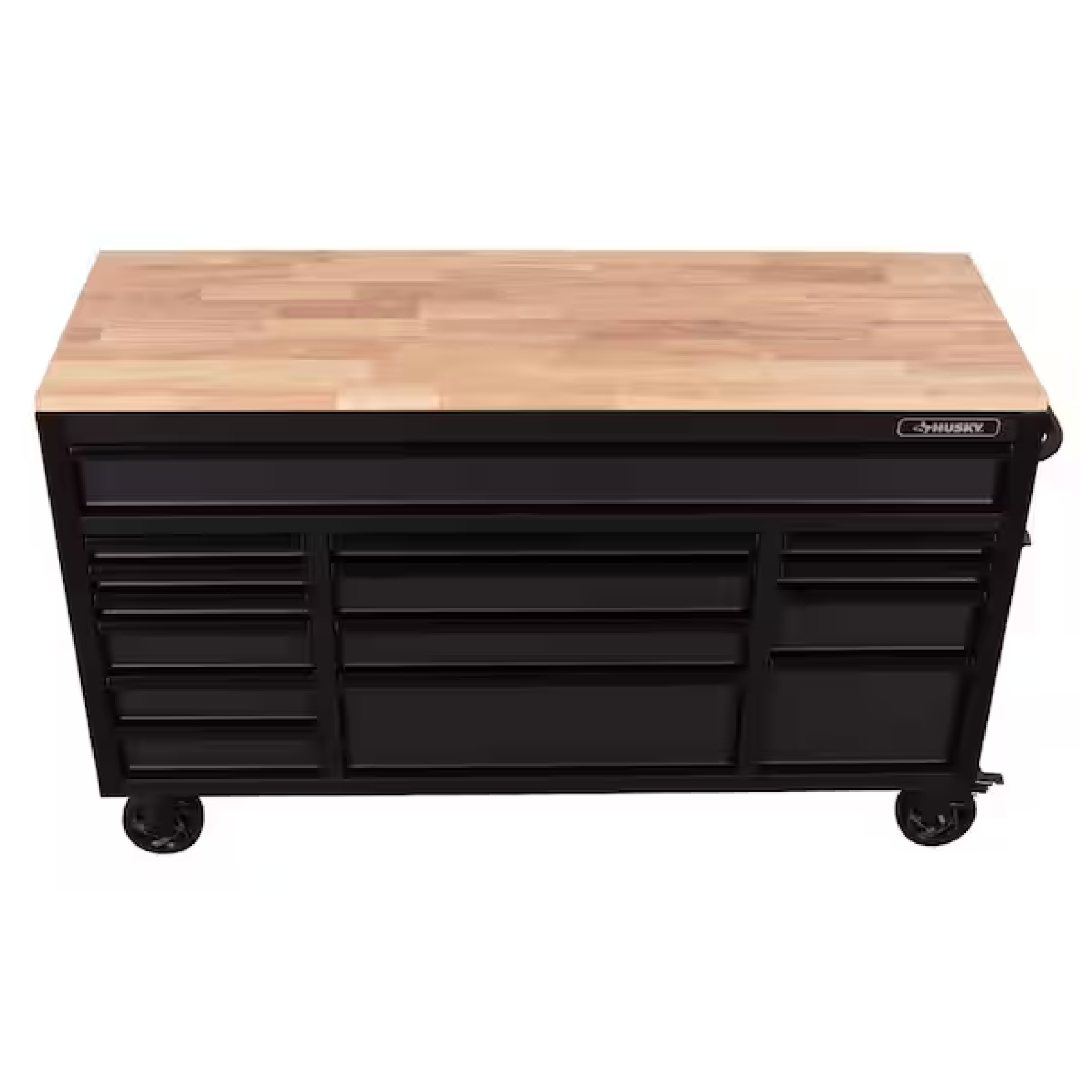 DALLAS LOCATION- AS-IS HUSKY Heavy Duty 61 in. W x 22 in. D 15-Drawer MOBILE WORKBENCH MATTE BLACK/WOODTOP