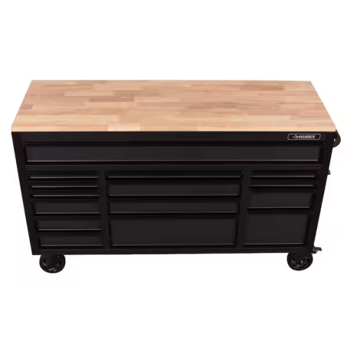 DALLAS LOCATION- AS-IS HUSKY Heavy Duty 61 in. W x 22 in. D 15-Drawer MOBILE WORKBENCH MATTE BLACK/WOODTOP