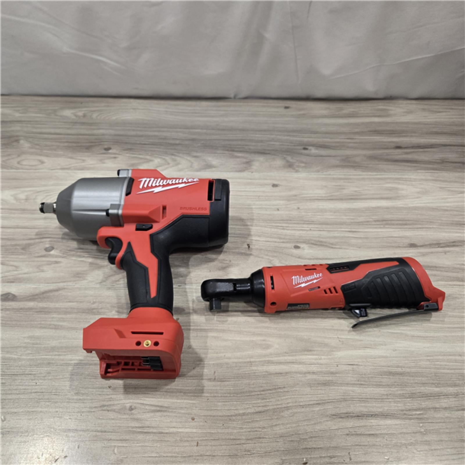 AS-IS Milwaukee M12/M18 12/18V Cordless 3/8 in. Ratchet and 1/2 in. High Torque Impact Wrench Kit