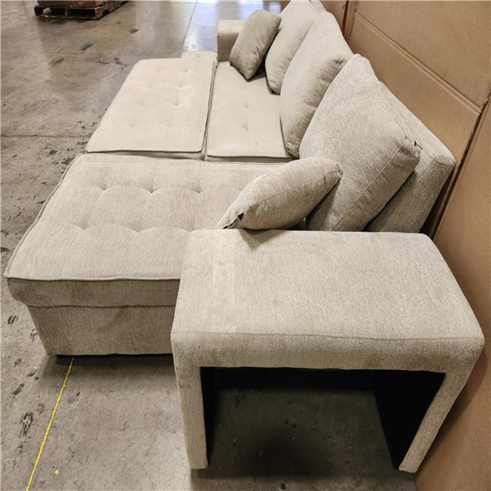 Phoenix Location AS-IS Harper & Bright Designs 104.5 in. Cream Chenille Full Size Sofa Bed, L Shaped Modern Sectional Sofa with Storage Chaise and 1 Stool