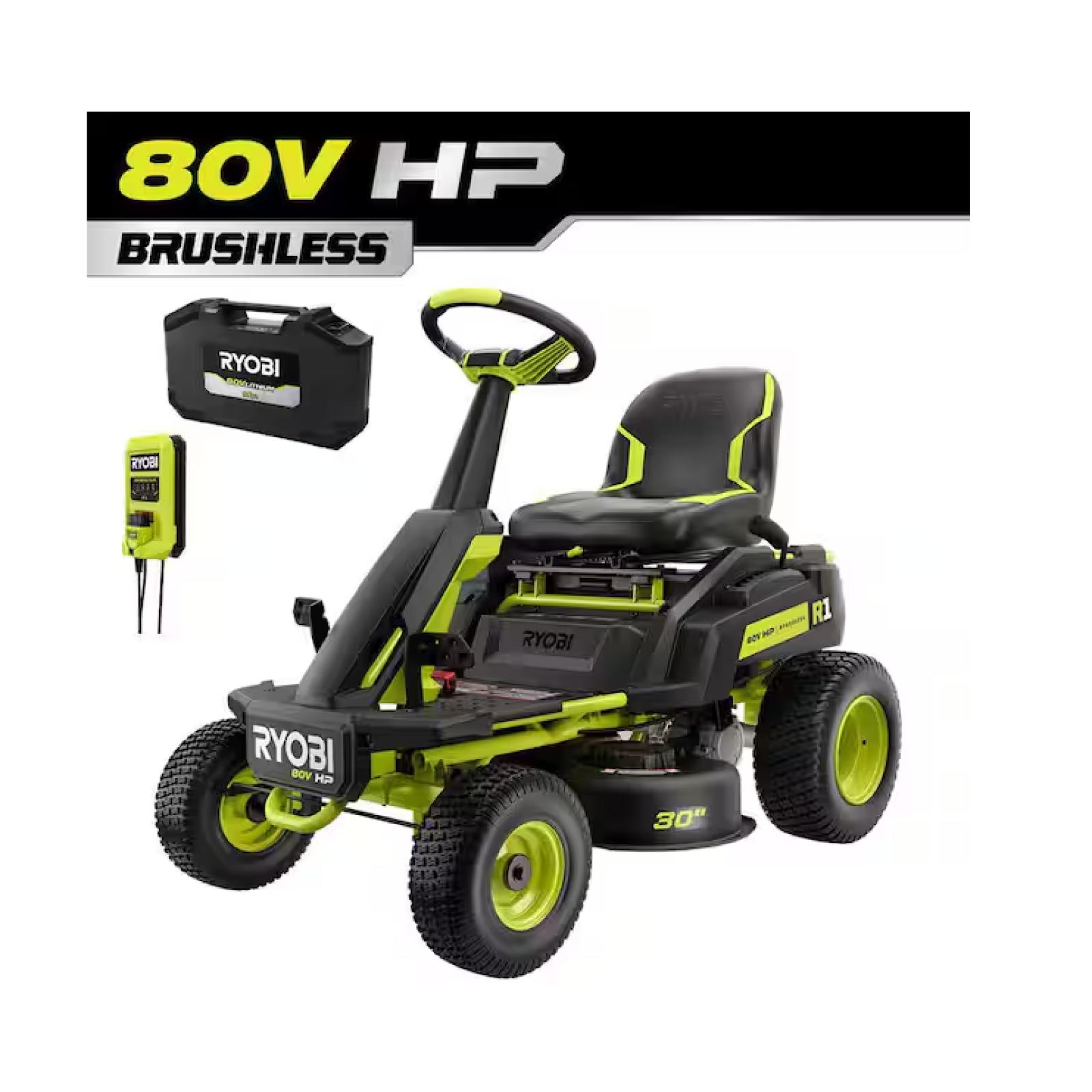 DALLAS LOCATION -  RYOBI R1 80V HP Brushless Lithium Battery Cordless Electric 30 in. Riding Lawn Mower with 14 Ah Battery and Charger