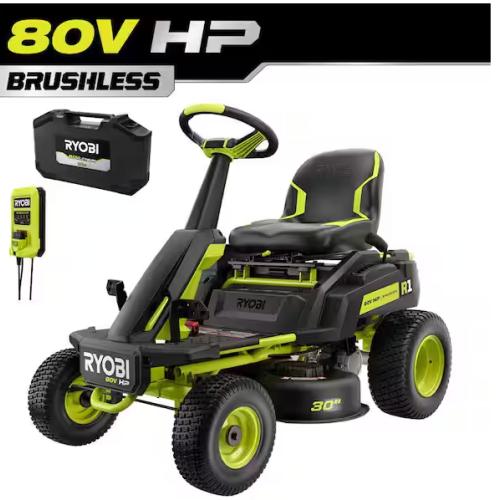 DALLAS LOCATION -  RYOBI R1 80V HP Brushless Lithium Battery Cordless Electric 30 in. Riding Lawn Mower with 14 Ah Battery and Charger