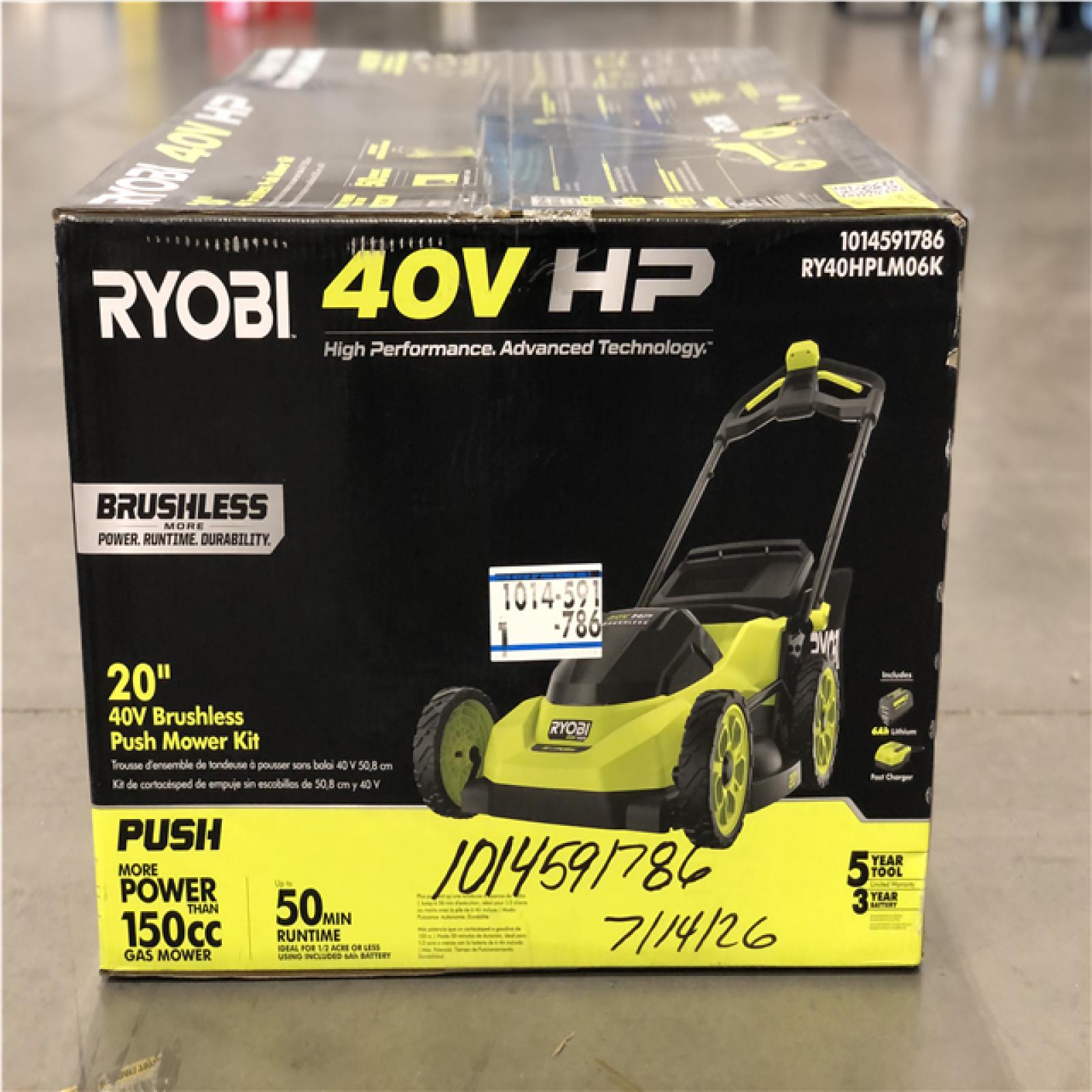 DALLAS LOCATION -NEW! RYOBI 40V HP Brushless 20 in. Cordless Battery Walk Behind Push Lawn Mower with 6.0 Ah Battery and Charger