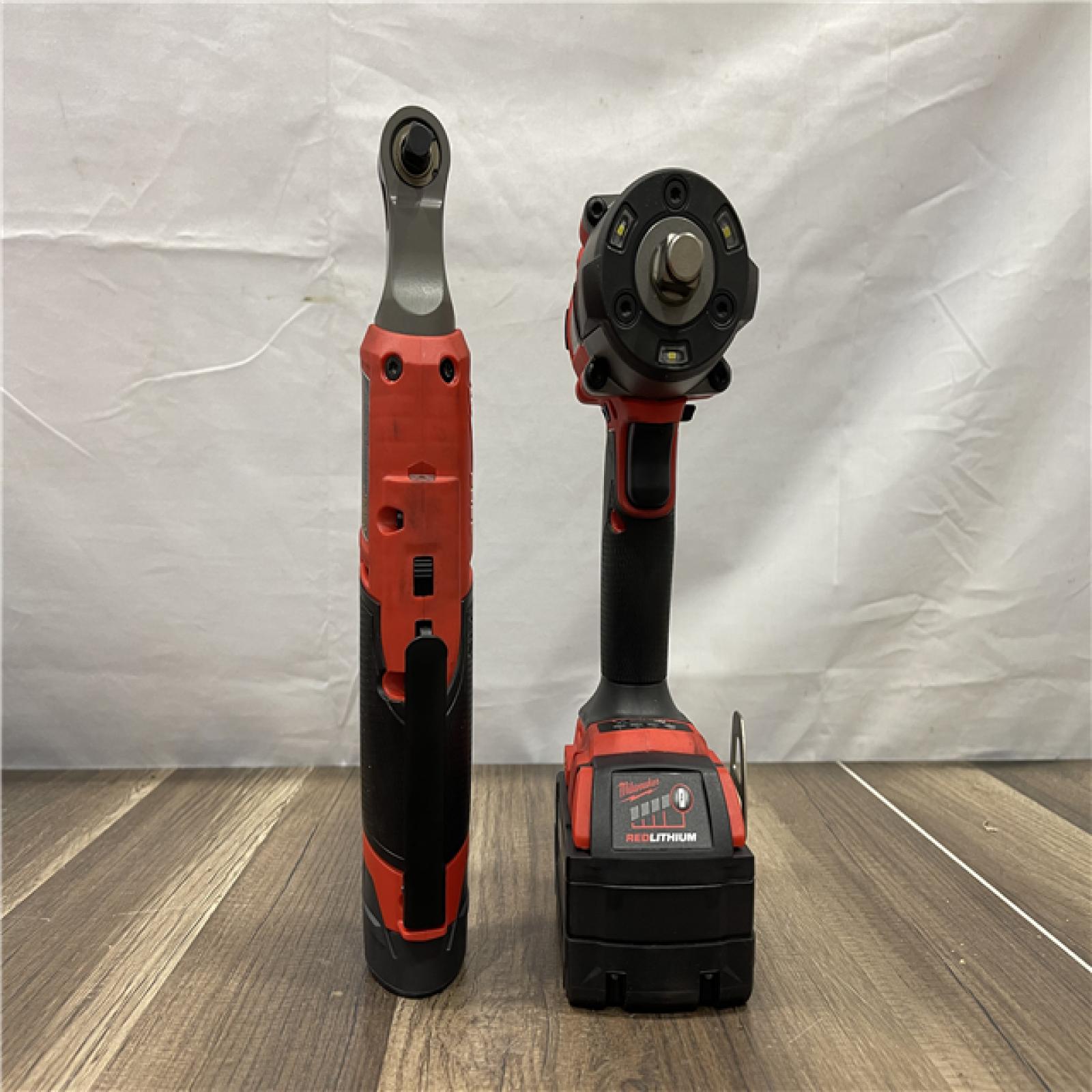 AS-IS Milwaukee  FUEL 18V Cordless Mid Torque 1/2 in. Impact Wrench w/ M12 FUEL 3/8 in. Ratchet & Battery/Charger Combo Kit