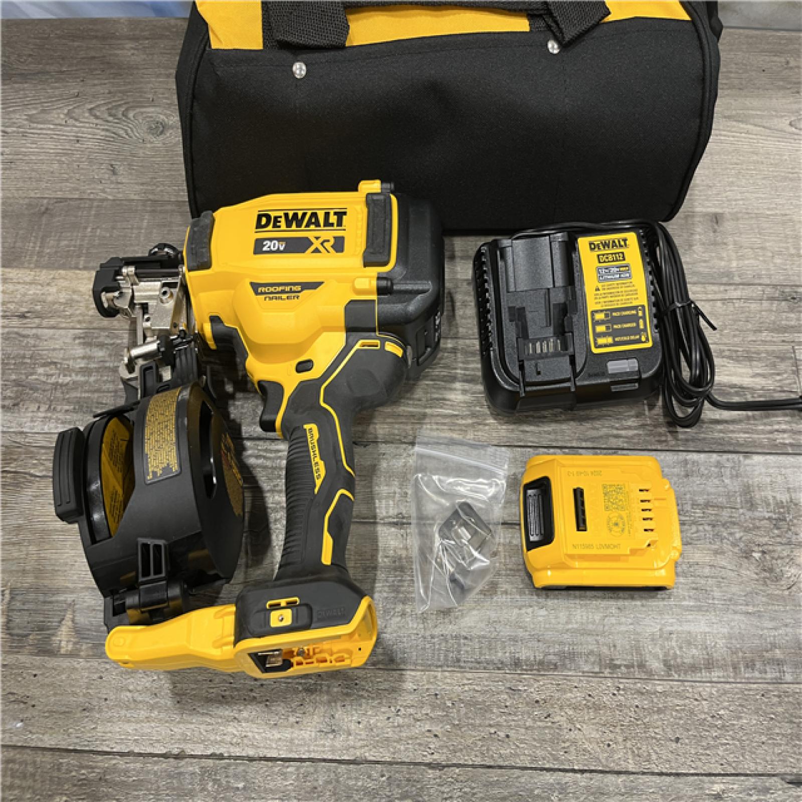 AS-IS DEWALT 20V MAX Lithium-Ion 15-Degree Electric Cordless Roofing Nailer Kit