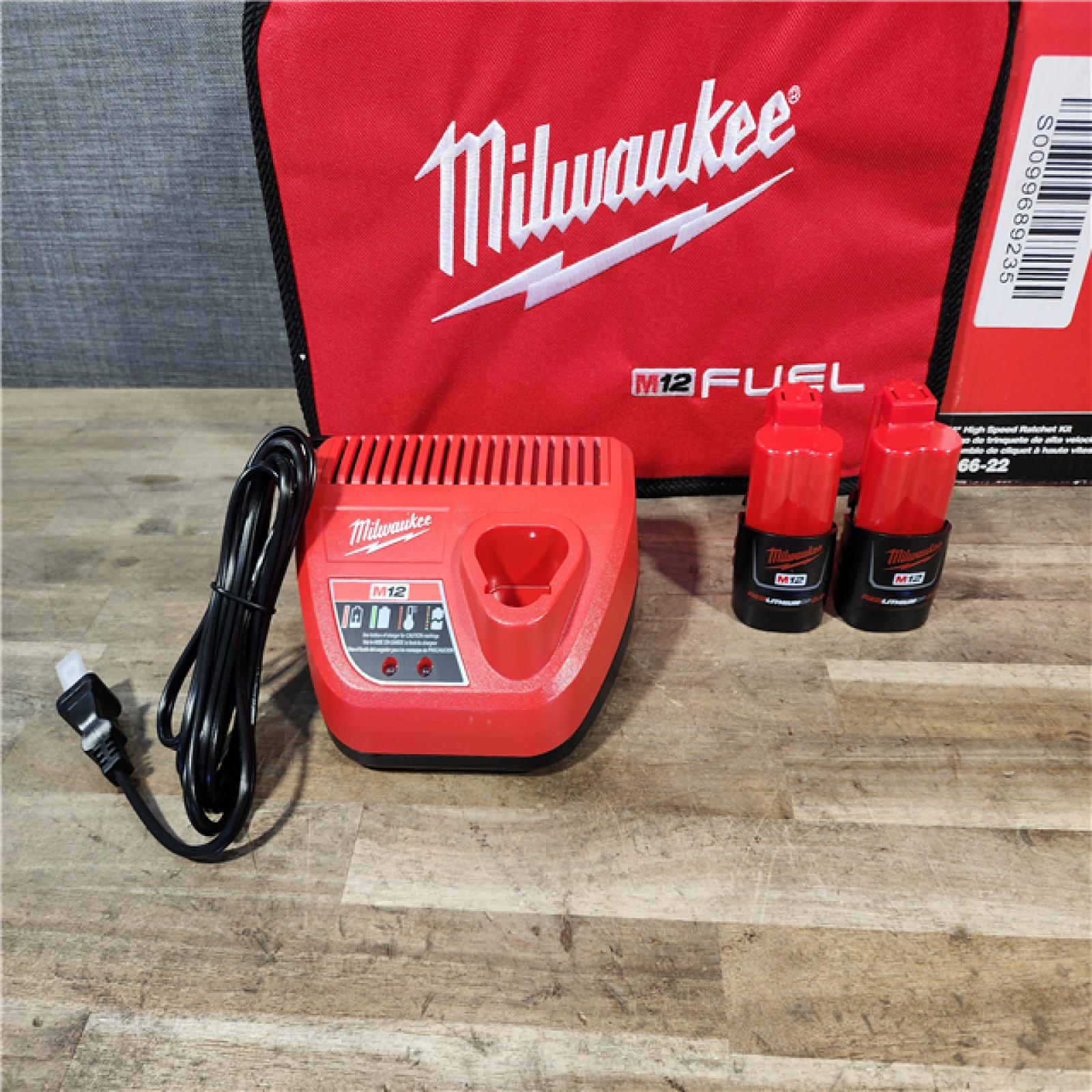 HOUSTON LOCATION - AS-IS Milwaukee M12 FUEL 12V Lithium-Ion Brushless Cordless High Speed 1/4 in. Ratchet Kit w/(2) Batteries  Charger and Bag