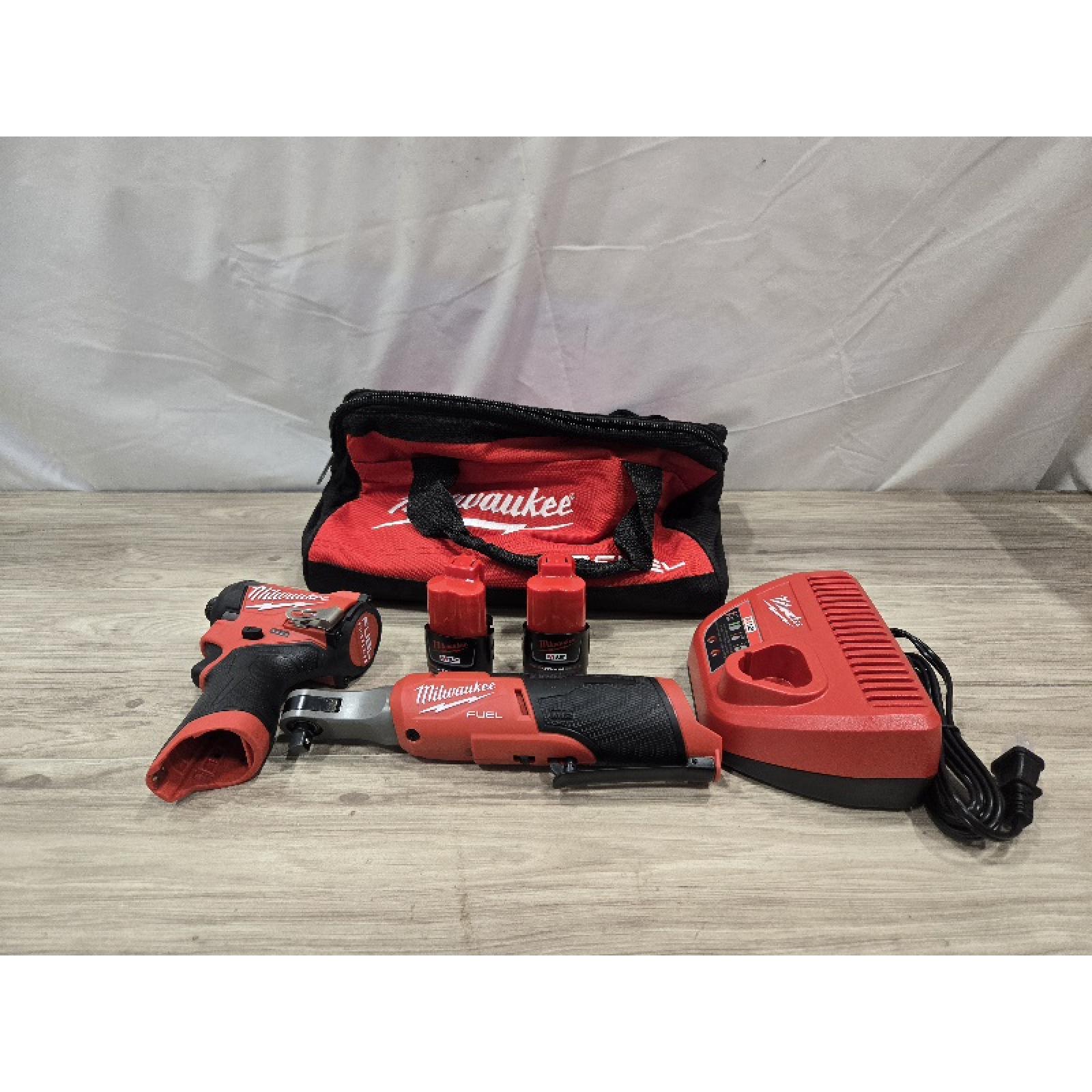 AS-IS Milwaukee 3453-22HSR M12 FUEL 12V Cordless 3/8 in. Ratchet and 1/4 in. Impact Driver Kit