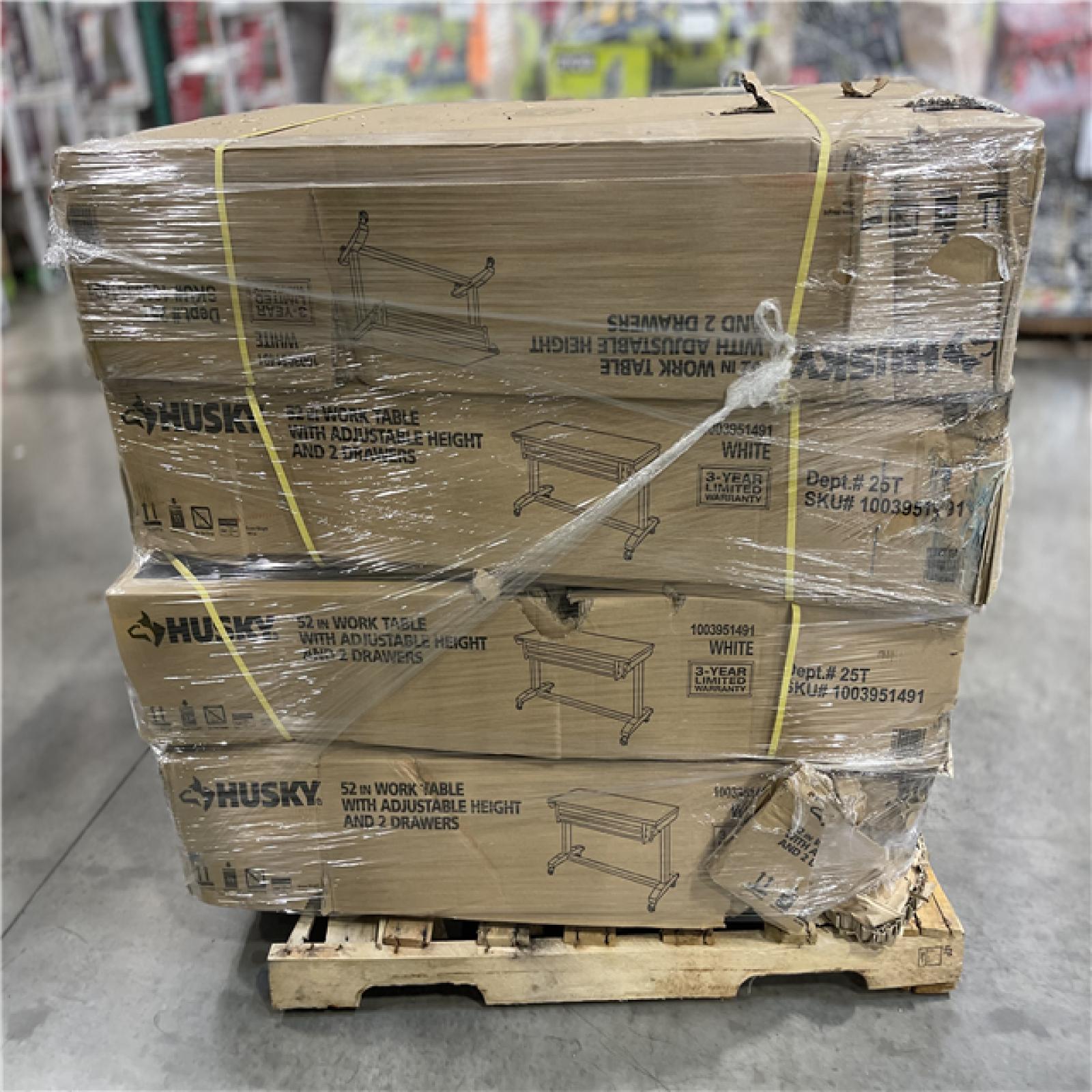 DALLAS LOCATION - Husky 52 in. W x 24 in. D 2-Drawer Adjustable Height White Workbench Table with Solid Wood Top PALLET-(4 UNITS)