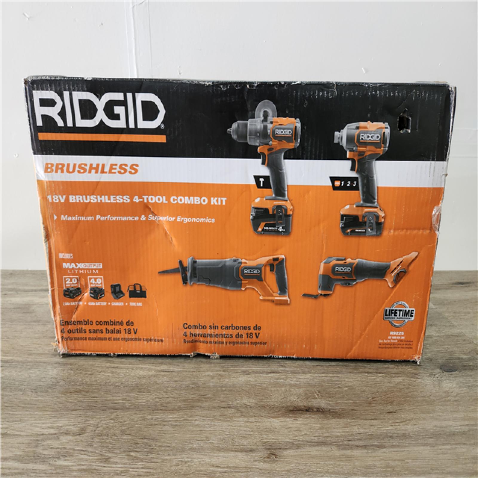 Phoenix Location NEW RIDGID 18V Brushless Cordless 4-Tool Combo Kit with (1) 4.0 Ah and (1) 2.0 Ah MAX Output Batteries, 18V Charger, and Tool Bag