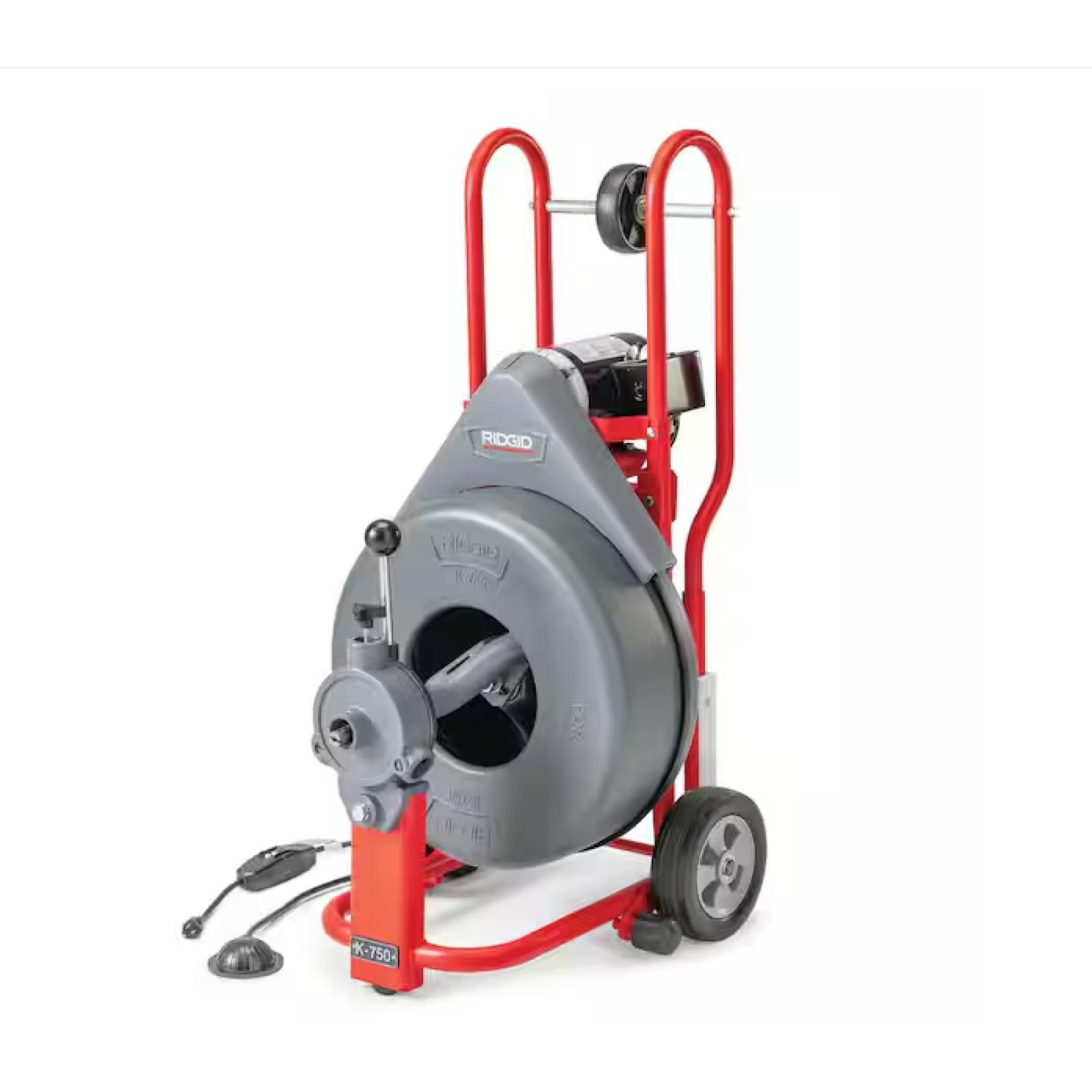 DALLAS LOCATION - RIDGID K-750 Drum Machine Drain Cleaner with C-100 Autofeed 100 ft. x 3/4 in. Cable and 3/4 in. Tool Set