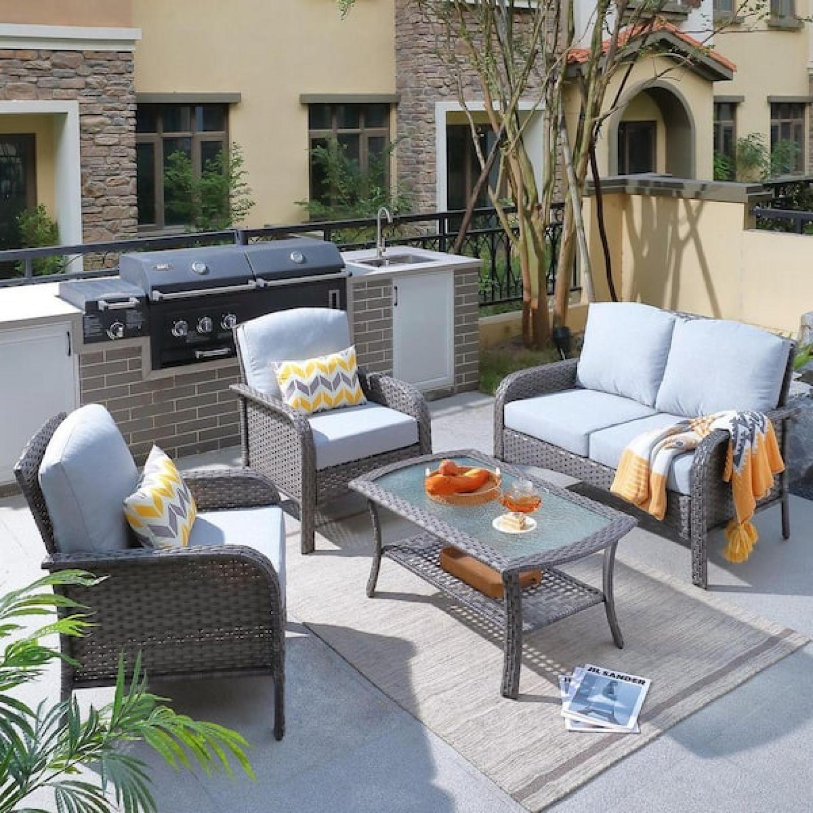 Phoenix NEW Toject Denali Gray 4-Piece 4-Seat Wicker Modern Outdoor Patio Conversation Sofa Seating Set with Dark Gray Cushions