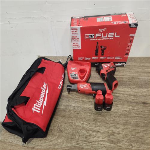Phoenix Location NEW Milwaukee M12 FUEL 12V Lithium-Ion Cordless 3/8 in. Ratchet and 1/4 in. Impact Driver Kit (2-Tool) w/Batteries, Charger & Bag