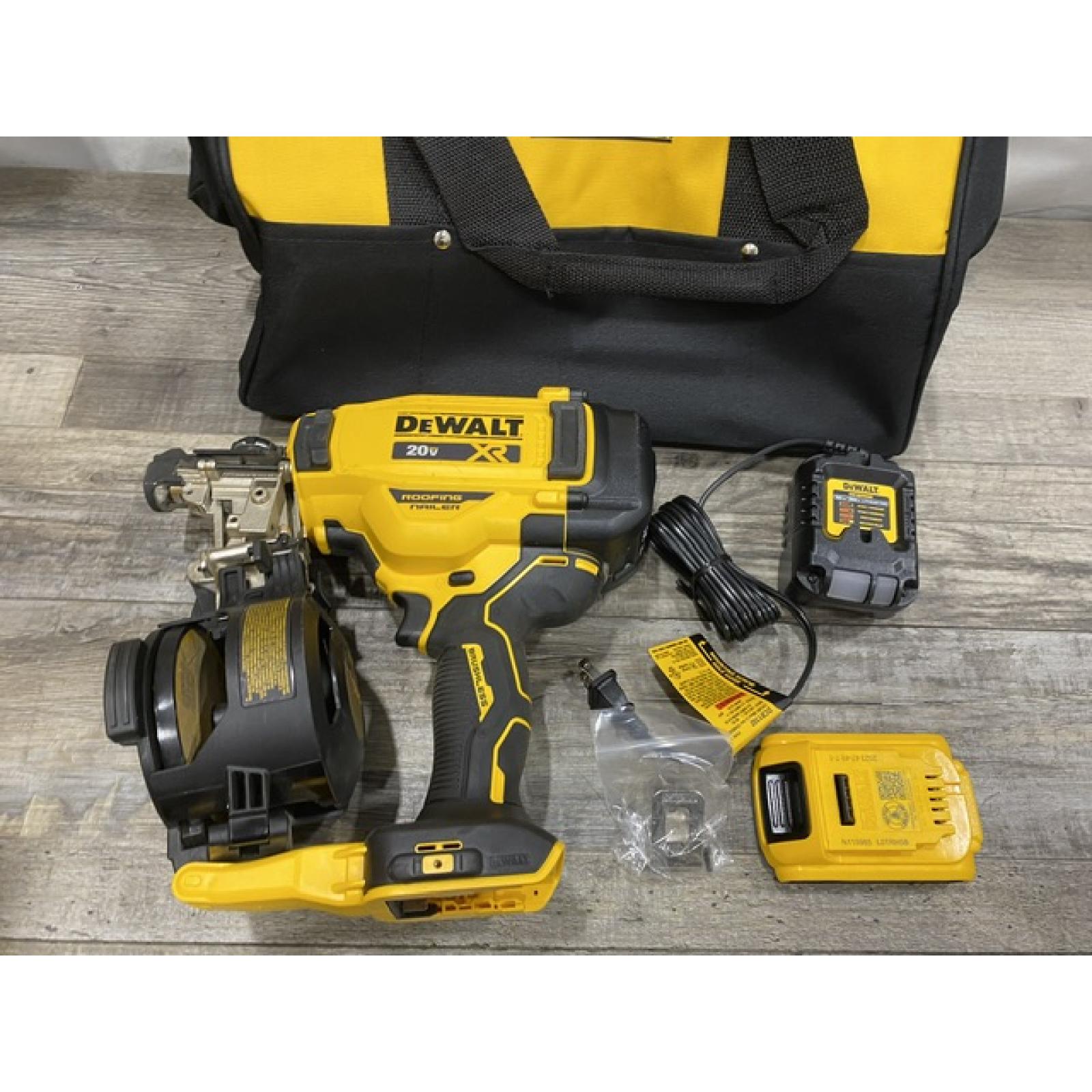 AS-IS DEWALT 20V MAX Lithium-Ion 15-Degree Electric Cordless Roofing Nailer Kit