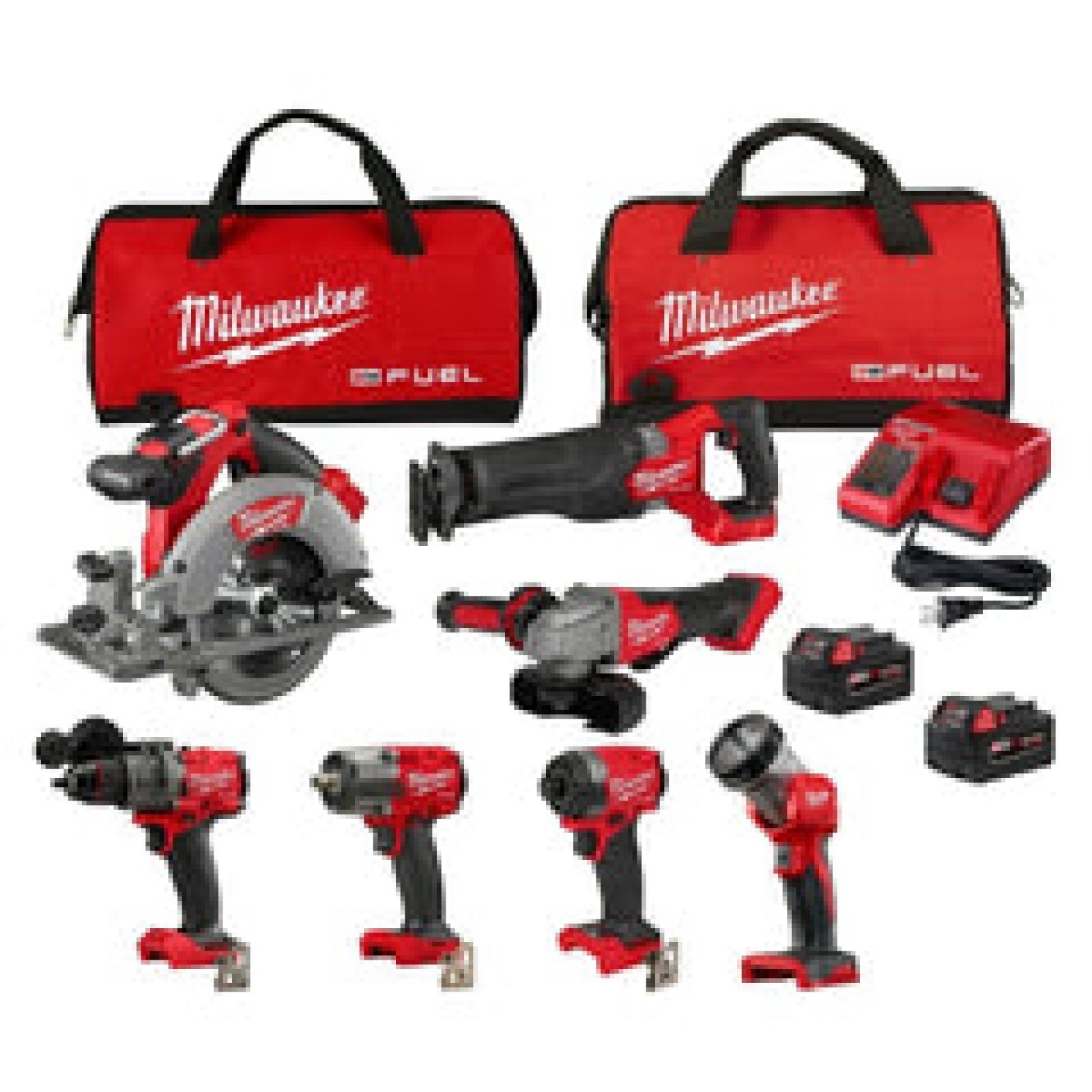 NEW- Milwaukee M18 FUEL 18V Lithium-Ion Brushless Cordless Combo Kit with Two 5.0 Ah Batteries  1 Charger  2 Tool Bags (7-Tool)