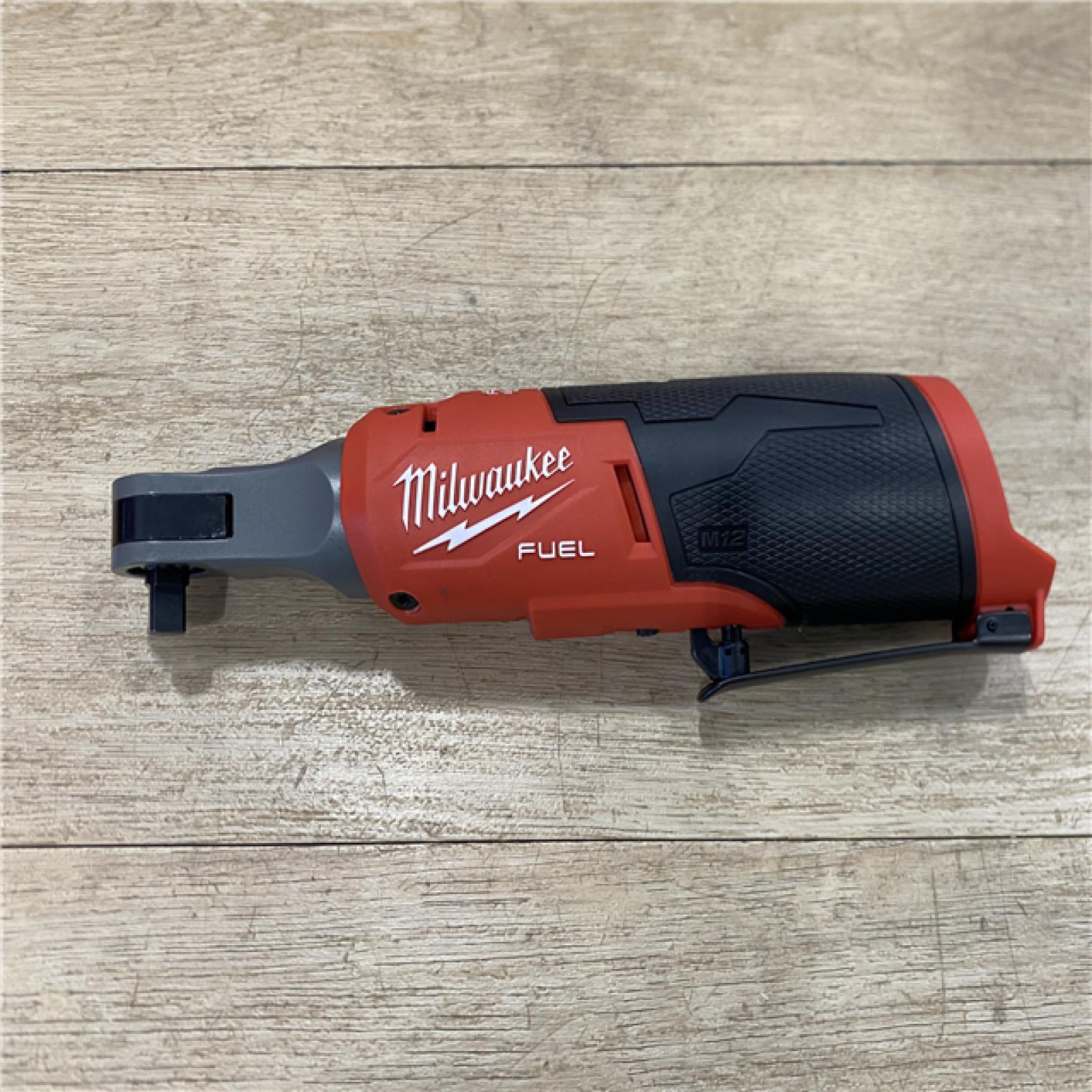 AS-IS MILWAUKEEM18 FUEL 18V Cordless Mid Torque 1/2 in. Impact Wrench W/ M12 FUEL 3/8 in. Ratchet & Battery/Charger Combo Kit