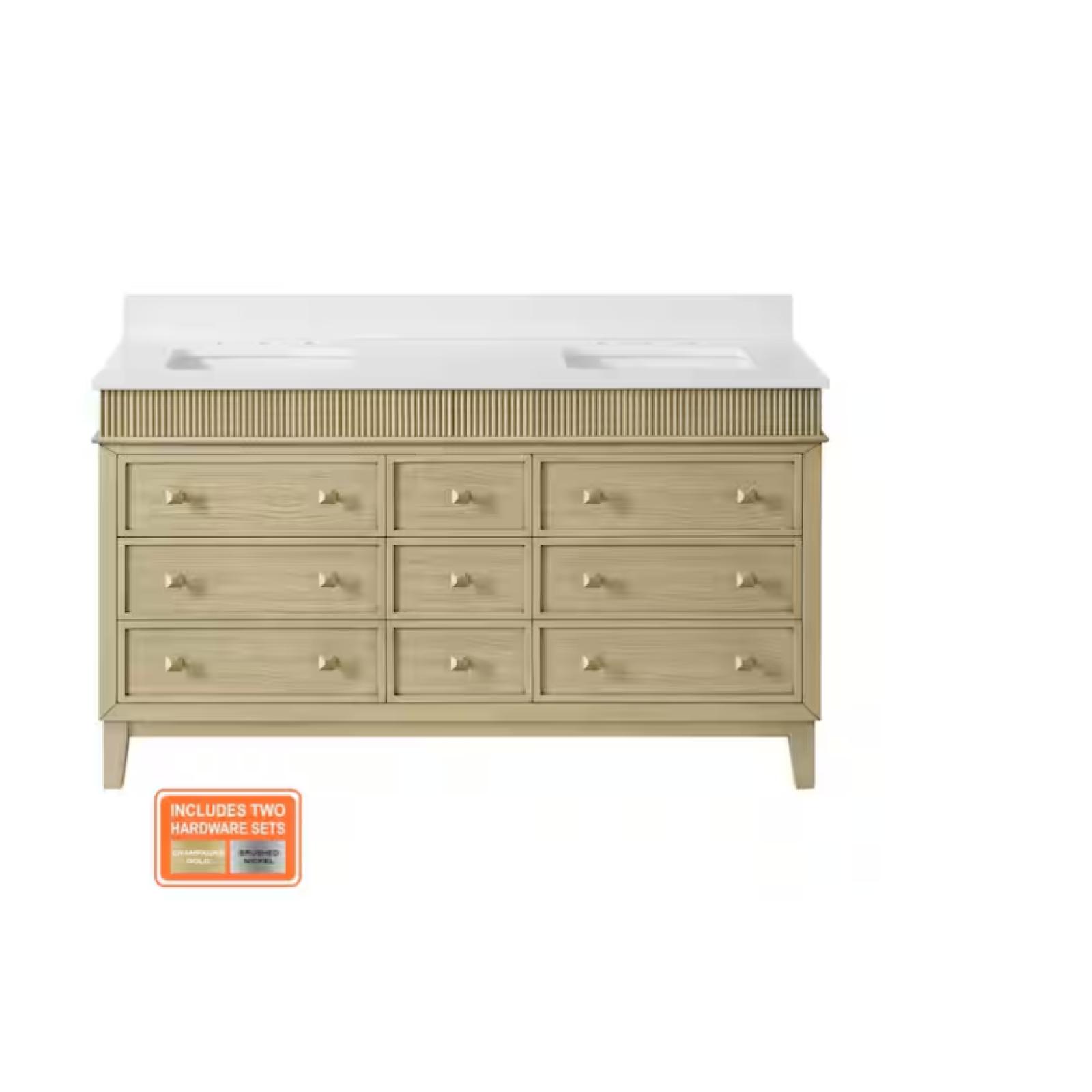 DALLAS LOCATION - Home Decorators Collection Danby 60 in. Double Sink Platinum Oak Bath Vanity with White Engineered Marble Top (Assembled)