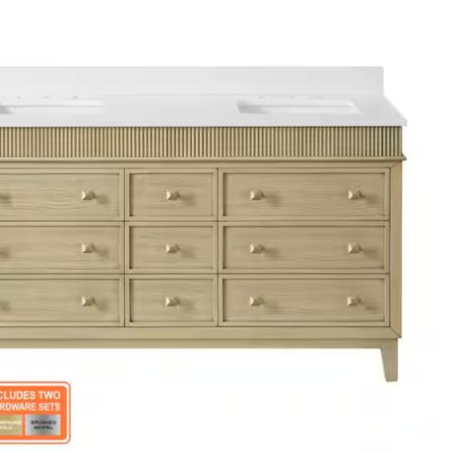 DALLAS LOCATION - Home Decorators Collection Danby 60 in. Double Sink Platinum Oak Bath Vanity with White Engineered Marble Top (Assembled)