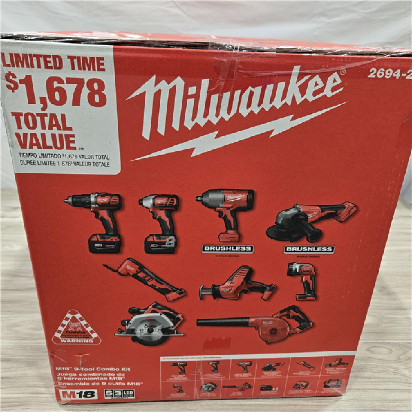 NEW- M18 18-Volt Lithium-Ion Cordless Combo Kit (9-Tool) with (2) Batteries, Charger, and Tool Bag