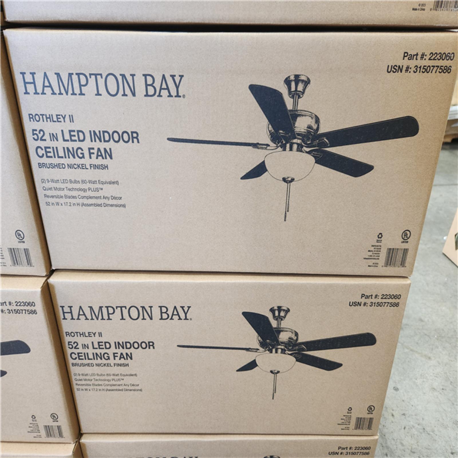 Phoenix NEW Hampton Bay Rothley II 52 in. Indoor LED Bronze Ceiling Fan with Light Kit  Downrod  Reversible Motor and Reversible Blades Pallet 24 Count (SEALED)