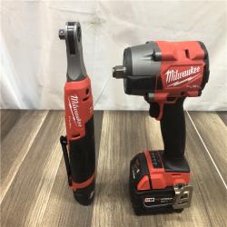 AS-IS Milwaukee FUEL 18V Cordless Mid Torque 1/2 in. Impact Wrench w/ M12 FUEL 3/8 in. Ratchet & Battery/Charger Combo Kit