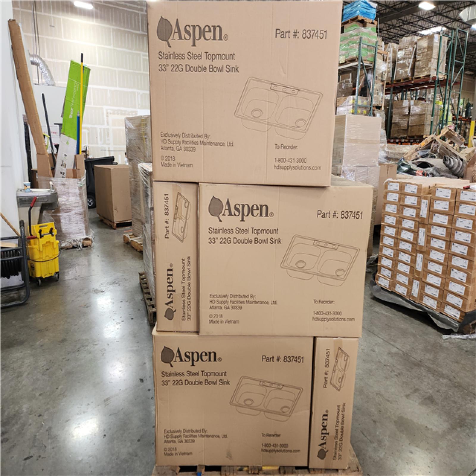 Phoenix Location NEW Aspen Stainless Steel Top mount 33 22G Double Bowl Sink Pallet (14 Sinks)
