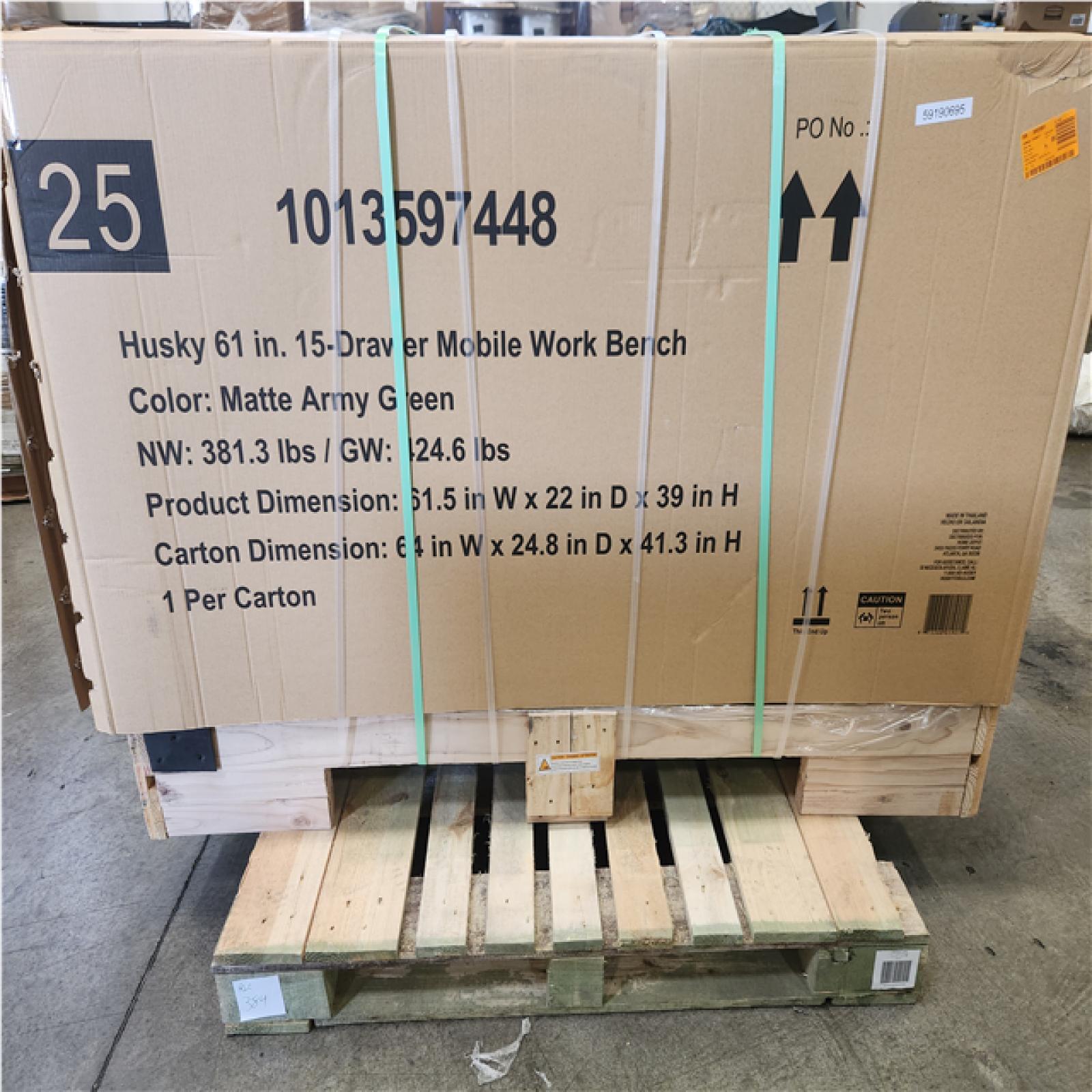 Phoenix NEW Husky Heavy Duty 61 in. W x 22 in. D 15-Drawer Matte Army Green Mobile Workbench Cabinet with Solid Wood Top