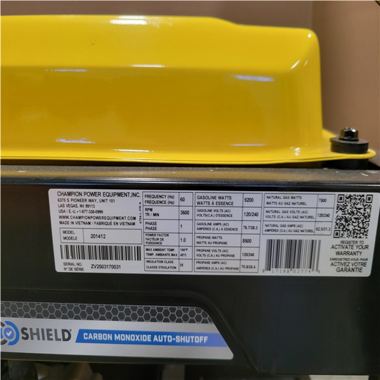 CALIFORNIA AS-IS CHAMPION 11 500/9 200-WATT ELETRIC START TRI-FUEL PORTABLE GENERATOR