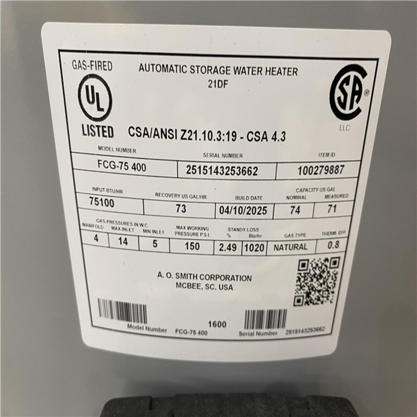 Houston Location AS IS - AO Smith Natural Gas Water Heater 74 Gallon