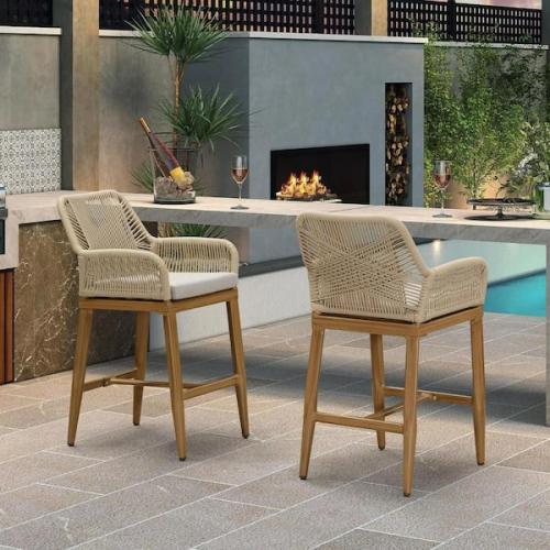 Phoenix NEW PURPLE LEAF Modern Aluminum Rattan Counter Height Outdoor Bar Stool with Back and Beige Cushion (2-Pack)