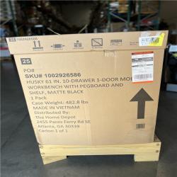 DALLAS LOCATION- Husky 61 in. W x 26 in. D Heavy Duty 10-Drawer 1-Door Mobile Workbench with Hardwood Top, Pegboard and Shelf in Matte Black
