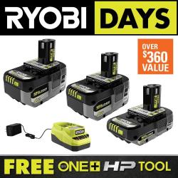 NEW - RYOBI ONE+ 18V Lithium-Ion HIGH PERFORMANCE Starter Kit with 2.0 Ah Battery, (2) 4.0 Ah Batteries, and Charger