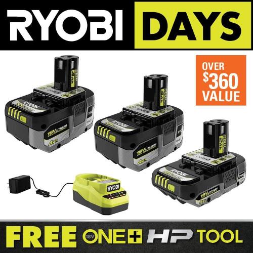 NEW - RYOBI ONE+ 18V Lithium-Ion HIGH PERFORMANCE Starter Kit with 2.0 Ah Battery, (2) 4.0 Ah Batteries, and Charger