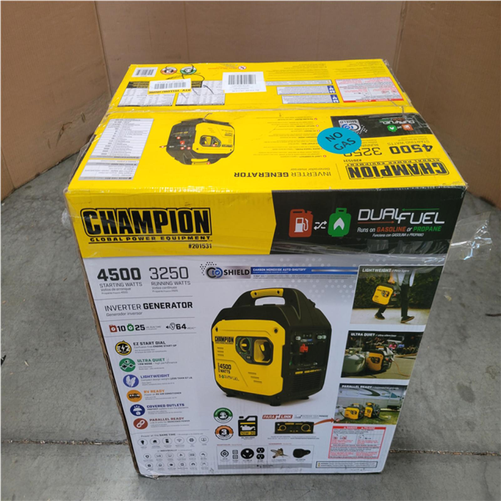 CALIFORNIA AS-IS CHAMPION 4 500/3 250-WATT PORTABLE GENERATOR W/ CO SHEILD
