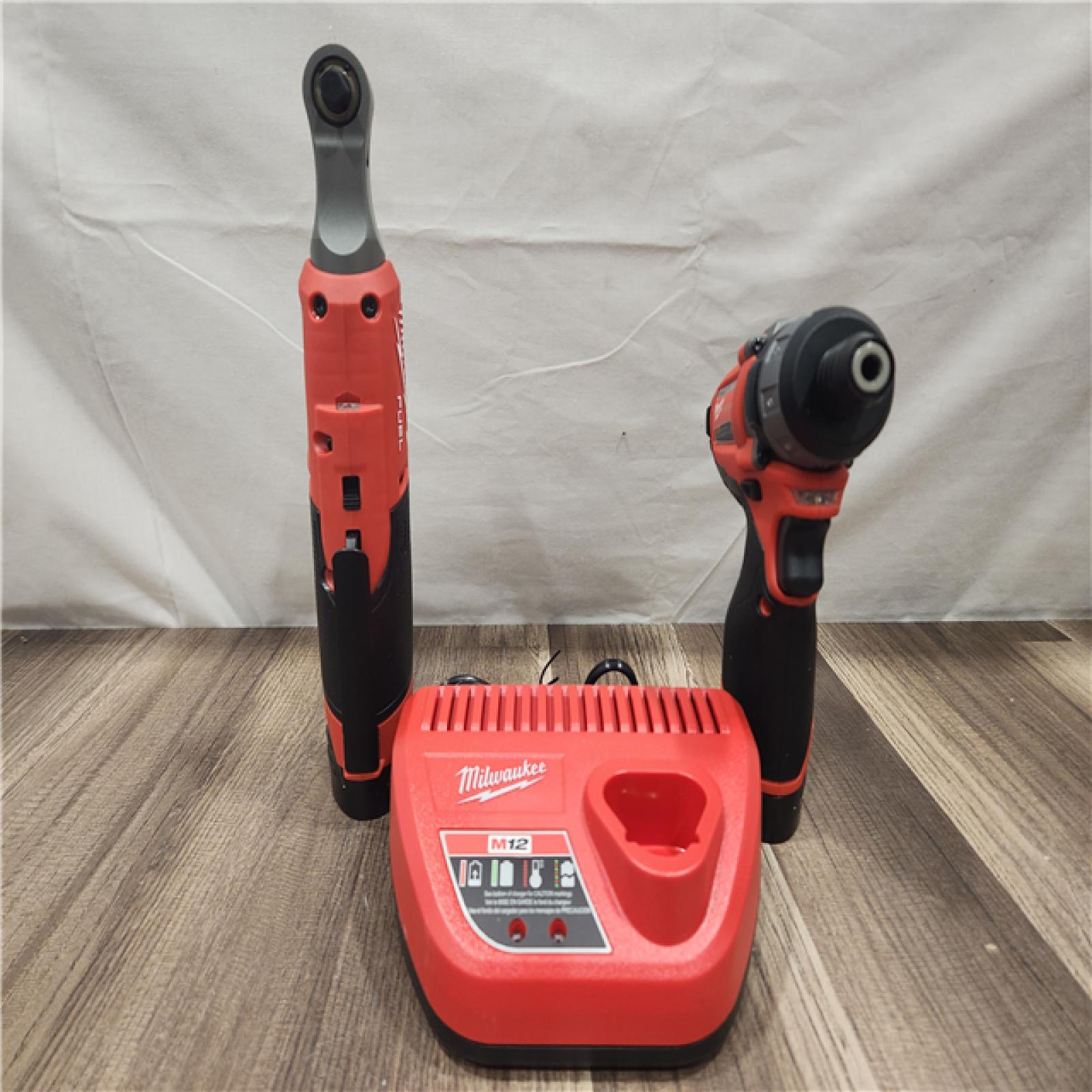 AS-IS- - M12 12V Lithium-Ion Cordless Screwdriver  3/8 in. High Speed Ratchet  Light Combo Kit (2-Tool) W/ 2 Batteries & Charger