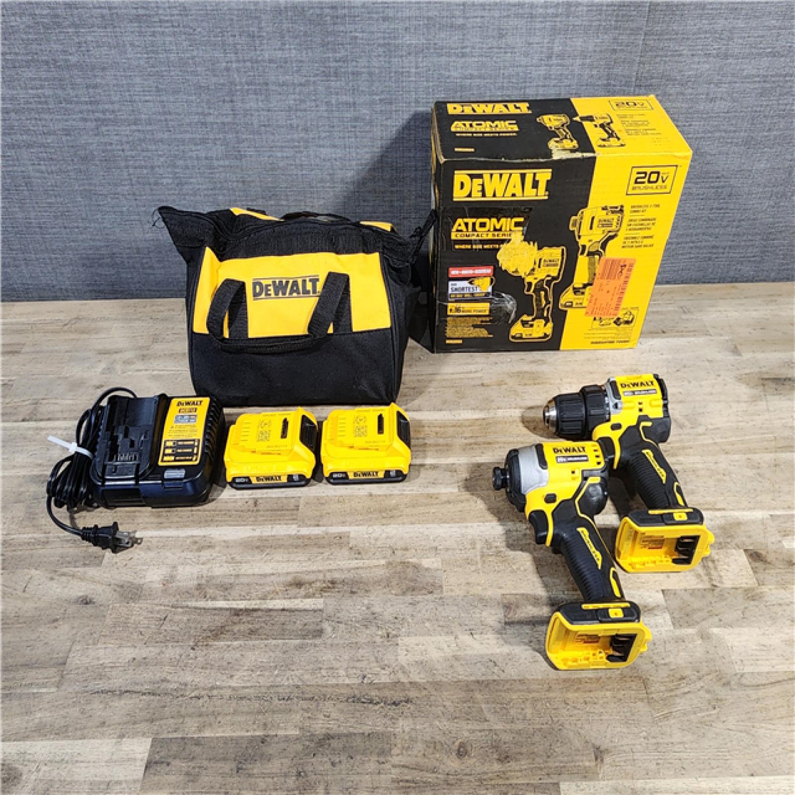 HOUSTON LOCATION - AS-IS Dewalt DCK225D2 20V MAX ATOMIC Brushless Compact Lithium-Ion 1/2 in. Cordless Drill Driver and 1/4 in. Impact Driver Combo Kit with 2 Batteries 2 Ah