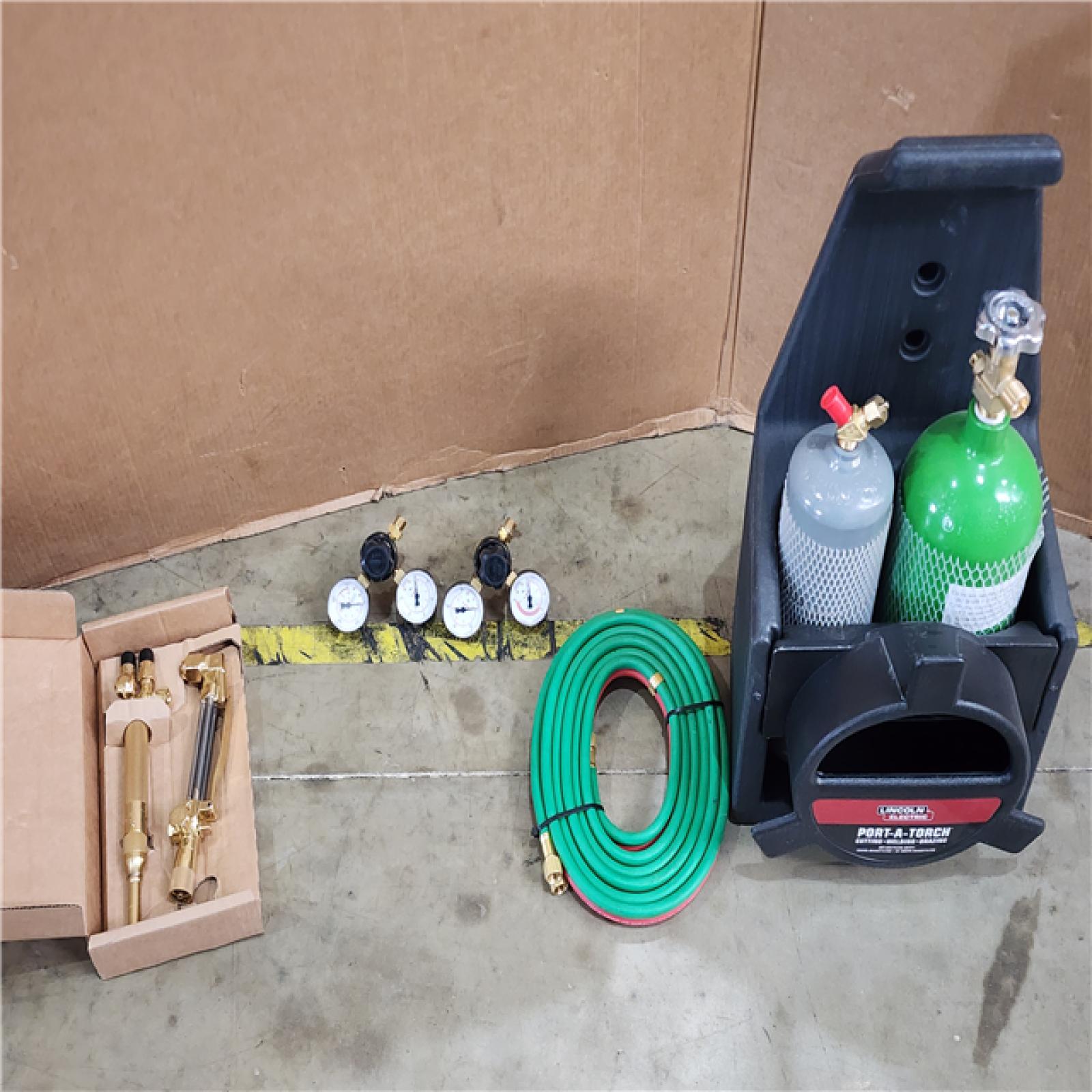HOUSTON LOCATION - AS-IS Lincoln Electric Port-a-Torch Kit with Oxygen and Acetylene Tanks and 3/16 in. X 12 Ft. Hose  for Cutting Welding and Brazing