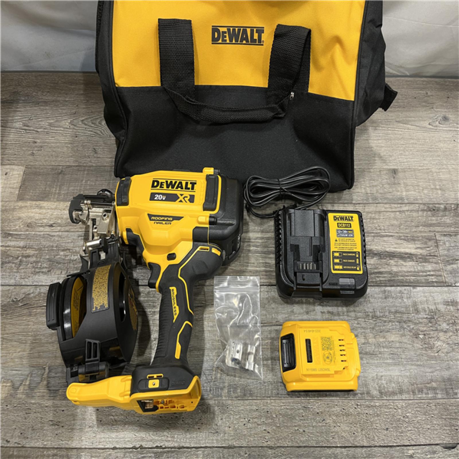 AS-IS DEWALT 20V MAX Lithium-Ion 15-Degree Electric Cordless Roofing Nailer Kit