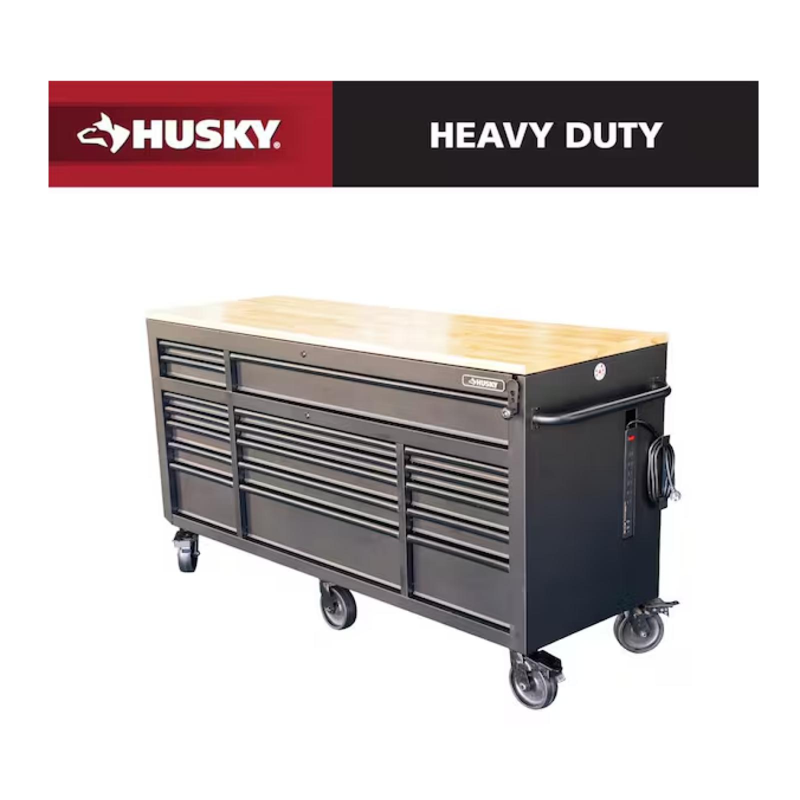 DALLAS LOCATION- Husky 72 in. W x 24 in. D Heavy Duty 18-Drawer Mobile Workbench Cabinet with Adjustable-Height Hardwood Top in Matte Black