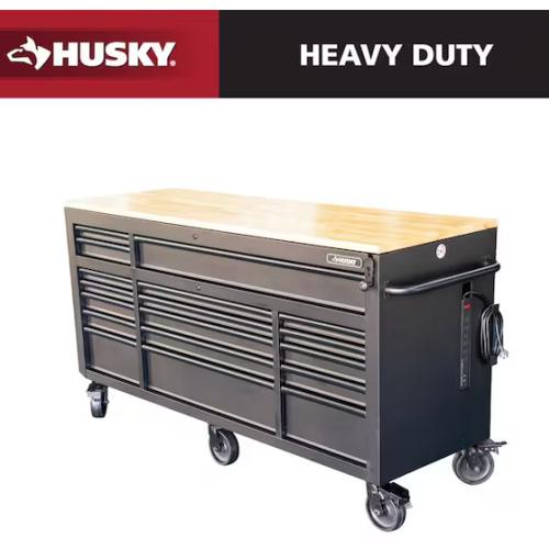 DALLAS LOCATION- Husky 72 in. W x 24 in. D Heavy Duty 18-Drawer Mobile Workbench Cabinet with Adjustable-Height Hardwood Top in Matte Black