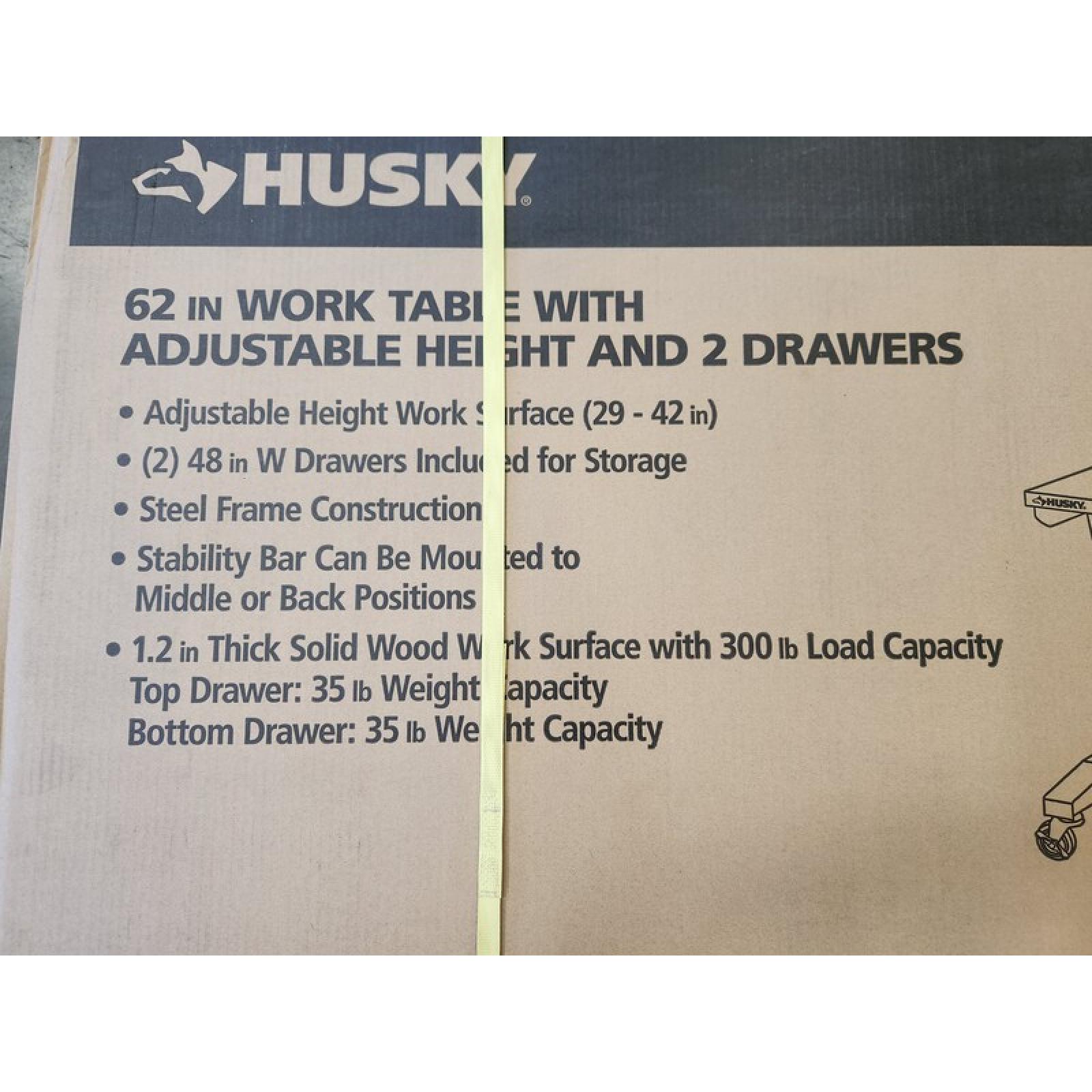 Phoenix NEW Husky 62 in. W x 24 in. D 2-Drawer Adjustable Height Black Workbench Table with Solid Wood Top (SEALED)