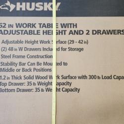 Phoenix NEW Husky 62 in. W x 24 in. D 2-Drawer Adjustable Height Black Workbench Table with Solid Wood Top (SEALED)