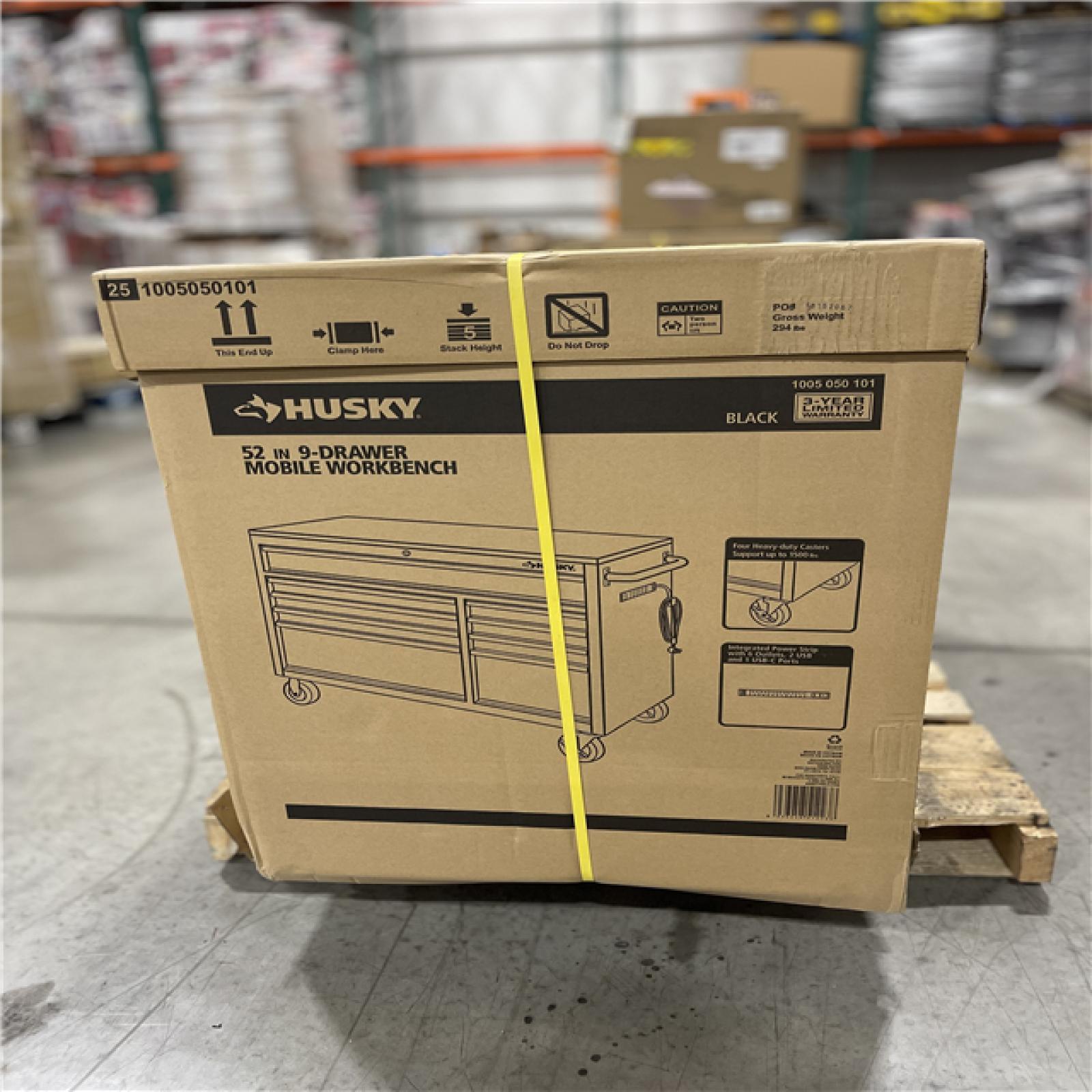 DALLAS LOCATION - Husky 52 in. W x 25 in. D Standard Duty 9-Drawer Mobile Workbench Tool Chest with Solid Wood Top in Gloss Black