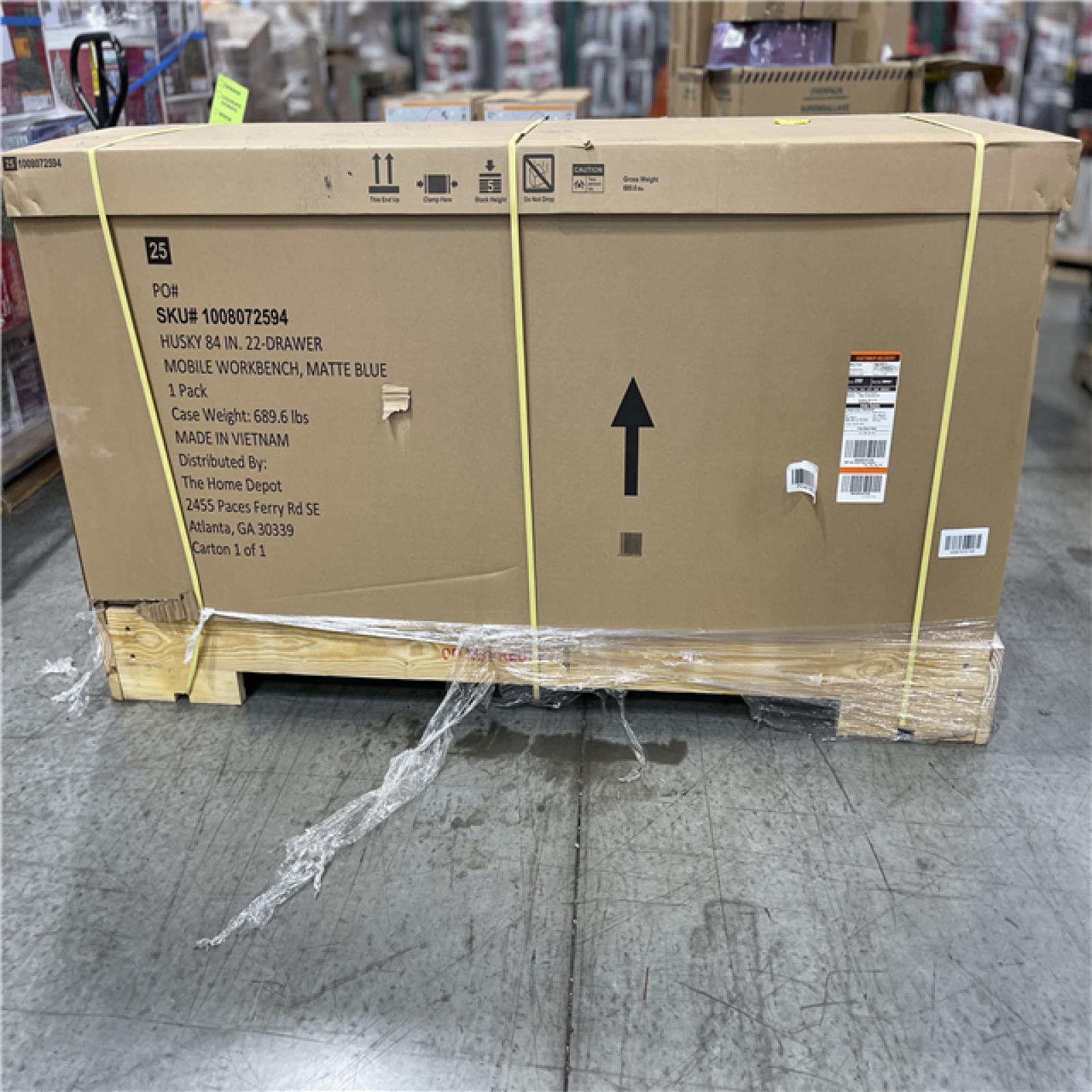 DALLAS LOCATION -Husky Tool Storage Heavy Duty 84 in. W x 24 in. D Matte Blue Mobile Workbench Cabinet