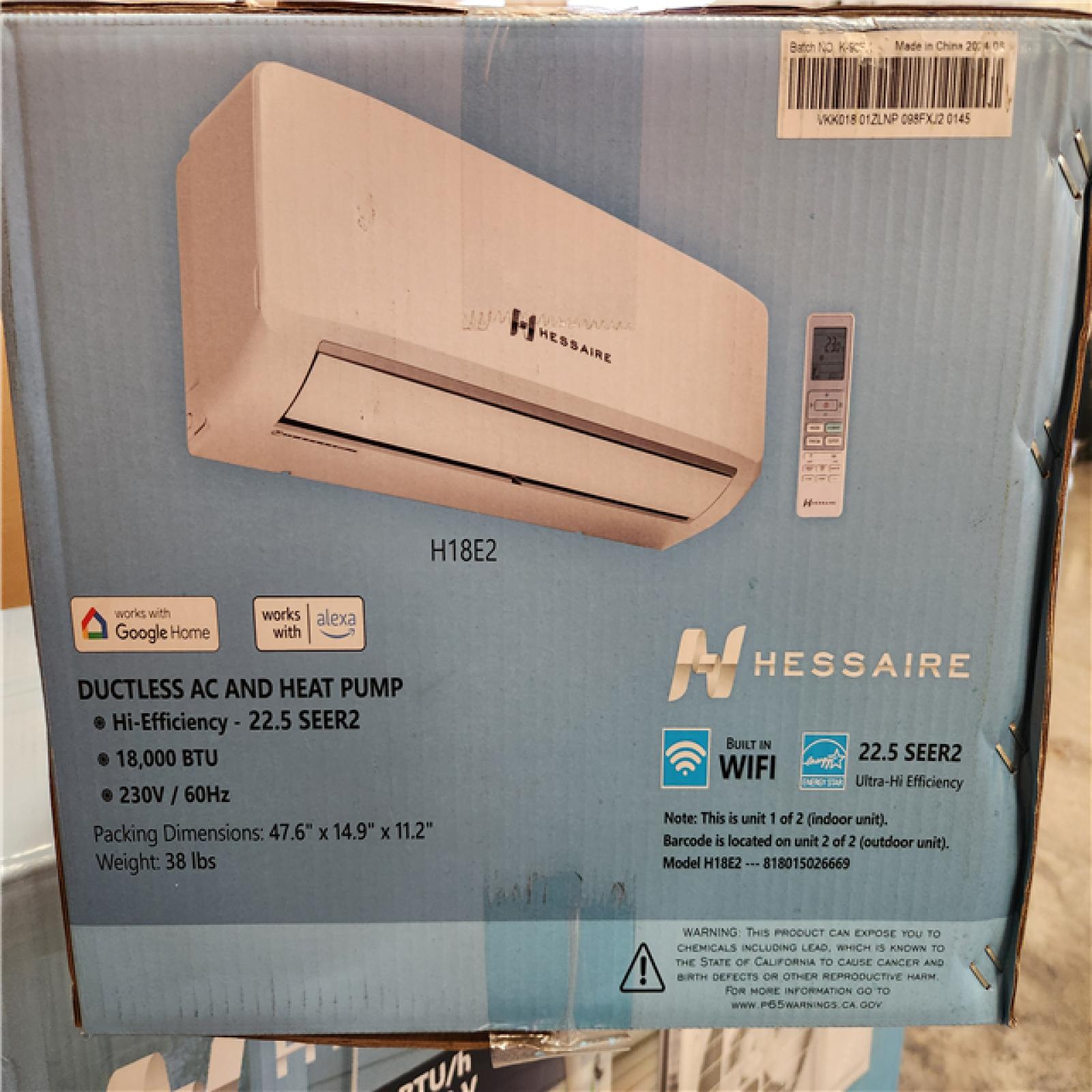 Phoenix Location NEW Hessaire DIY 22.5 SEER2 18,000 BTU Wi-Fi 1.5-Ton Ductless Mini Split Air Conditioner,Heat Pump, Variable Speed Inverter-208V/230V
