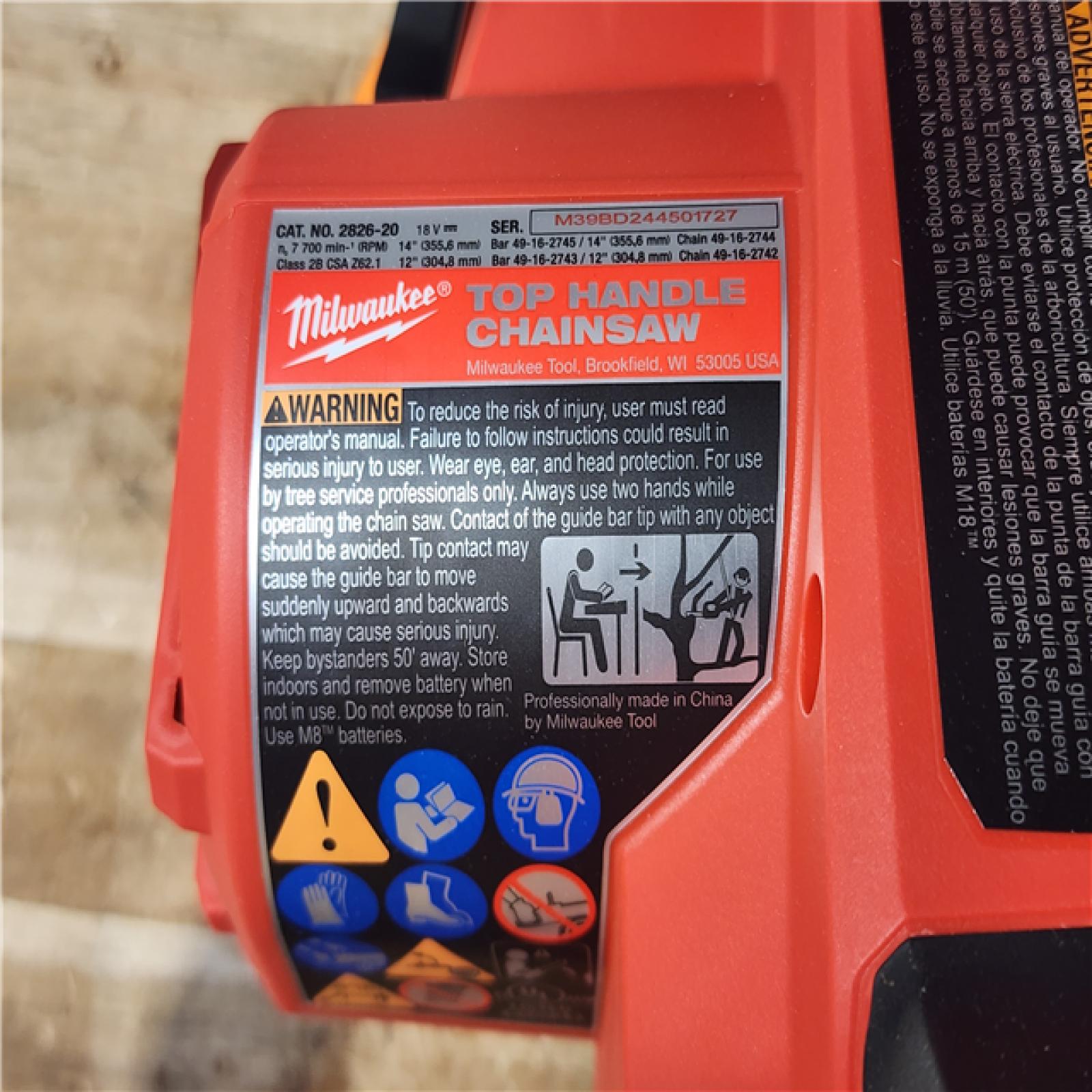 HOUSTON LOCATION - AS - IS Milwaukee FUEL 14 in. 18V Lithium-Ion Brushless Cordless Battery Top Handle Chainsaw (Tool Only)