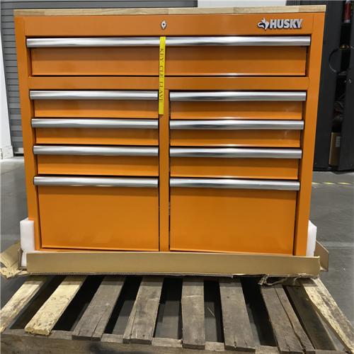 DALLAS LOCATION - Husky 46 in. W x 18 in. D 9-Drawer Gloss Orange Mobile Workbench Cabinet with Solid Wood Top