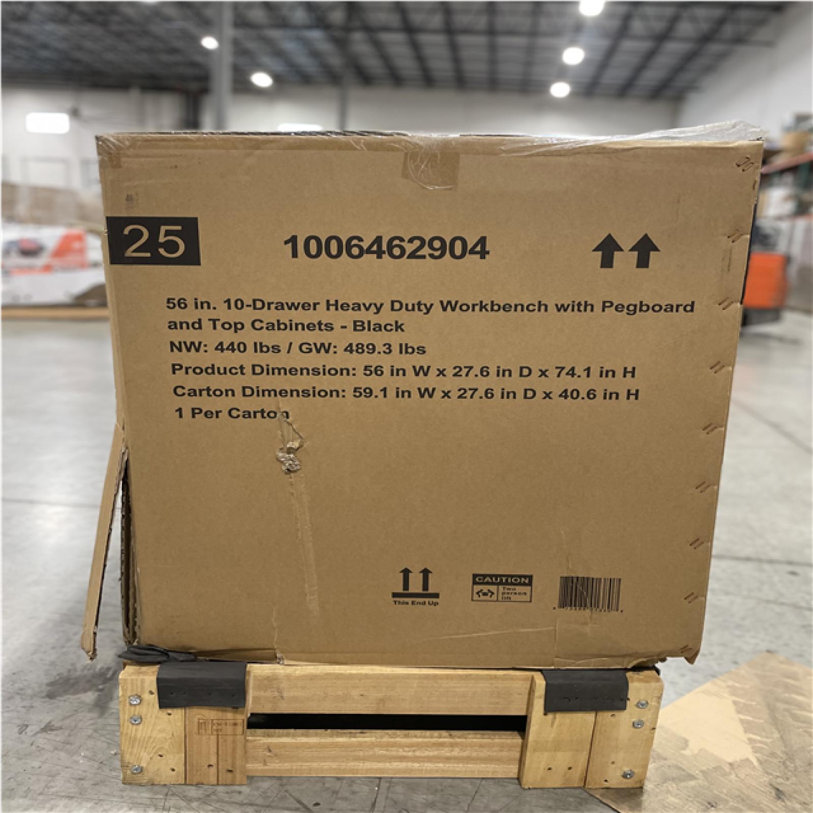 DALLAS LOCATION - HUSKY  Heavy Duty 56 in. W x 27.6 in. D 10-Drawer Matte Black Mobile Workbench Cabinet with Wood Top  Pegboard and Top Cabinets