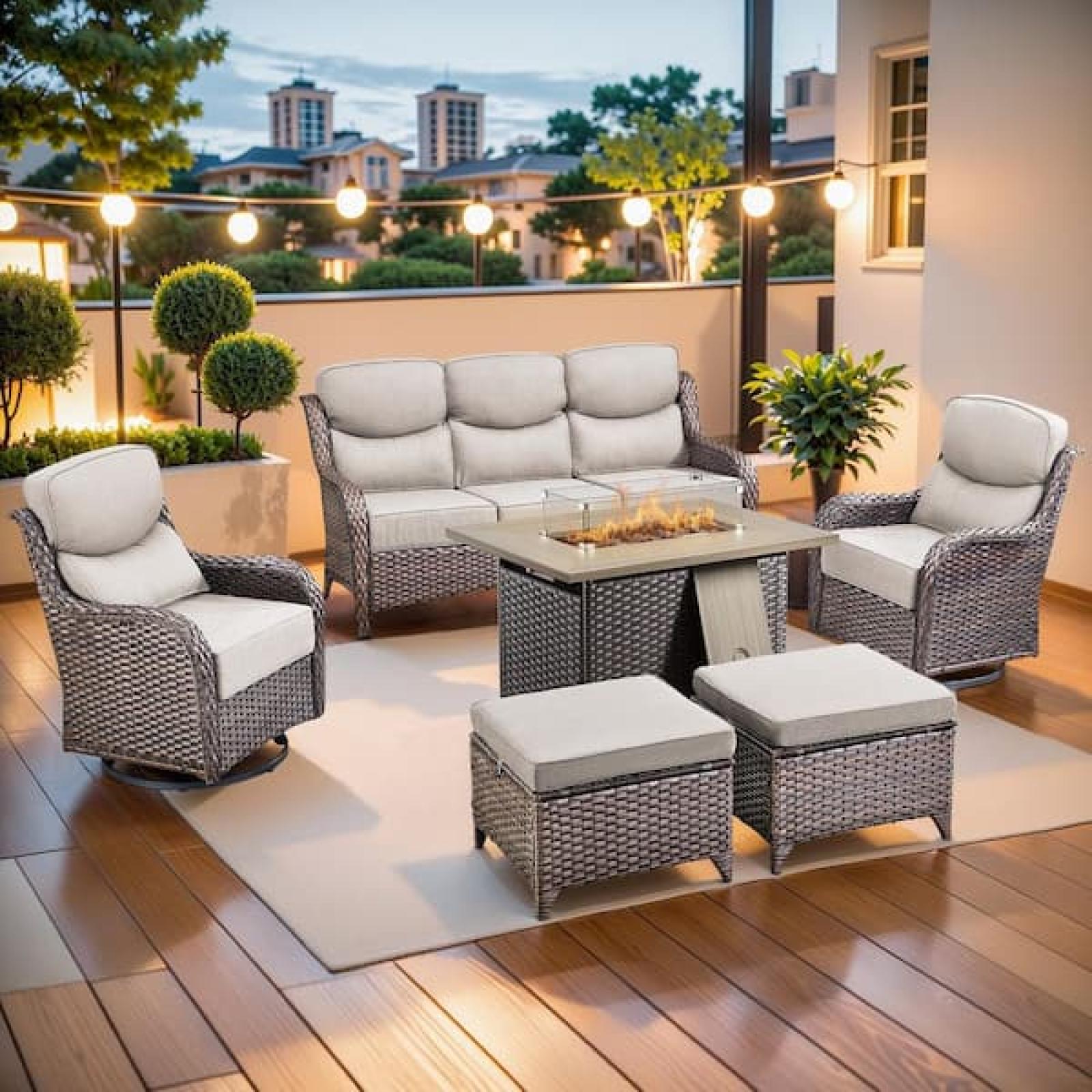 Phoenix LIKE NEW moosprr MoonLuxe Brown Wicker Fire Pit Conversation Set with Beige Olefin 6 in. Thick Cushions Patio Swivel Chairs (6-Piece)
