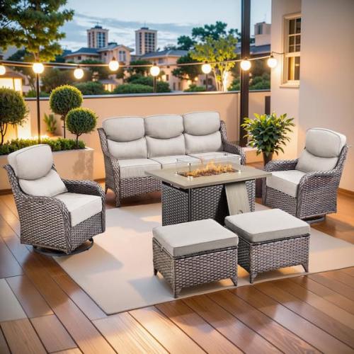 Phoenix LIKE NEW moosprr MoonLuxe Brown Wicker Fire Pit Conversation Set with Beige Olefin 6 in. Thick Cushions Patio Swivel Chairs (6-Piece)